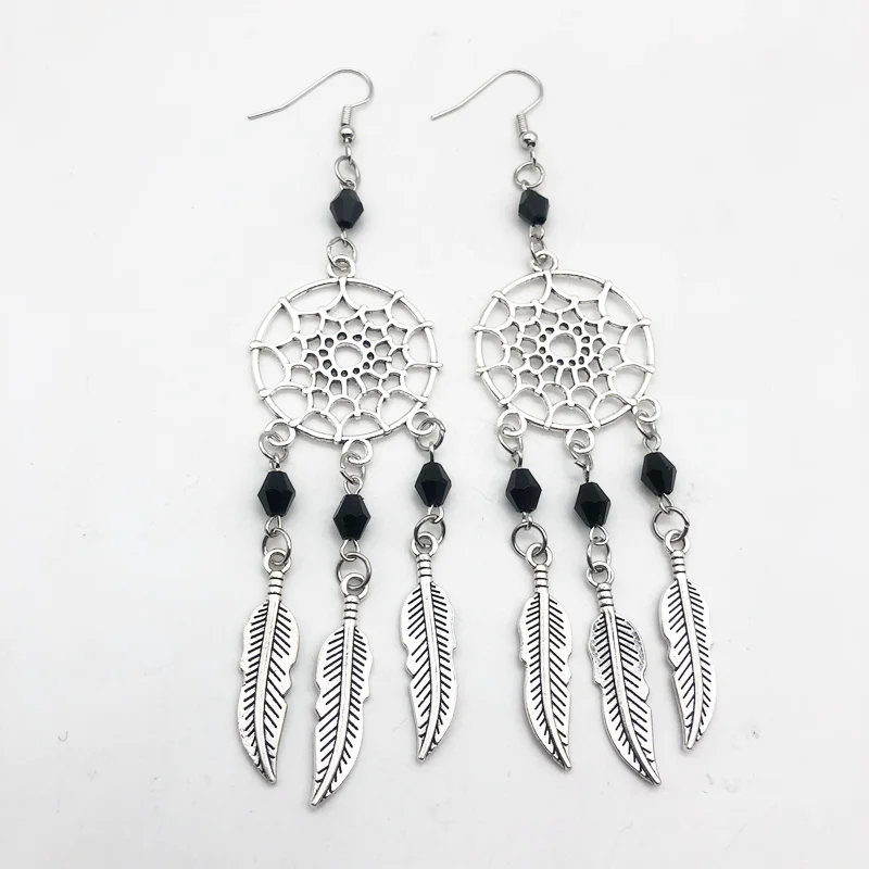 Gothic Dream Catcher Earrings Female Retro Color Hexagonal Beads Feather Leaf Pagan Earrings Wholesale Jewelry