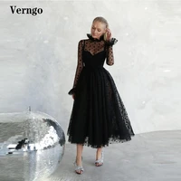 verngo modest black heart tulle a line evening dresses high neck long sleeves tea length prom gown women formal event dress 2021
