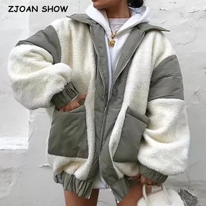 

2021 Winter Stitching Faux Lamb Fur Coat Lapel Long sleeve Furry Fur Zipper Women Keep Warm Jacket Oversize Outerwear