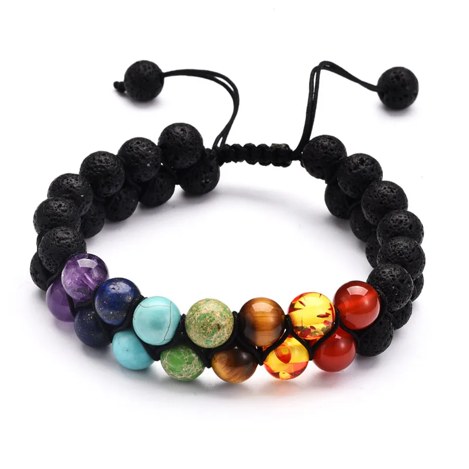 Multilayer Weave 7 Chakra Bead Bracelet Black Lava Stone Yoga Double Adjustable Size Jewelry | Украшения и аксессуары