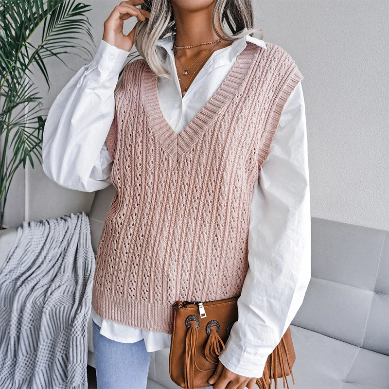 

Autumn Casual V Neck Sleeveless Women's Sweater Vest Winter Knitted Hollow Out Korean Jumper Solid Dough Twist Female Sweaters
