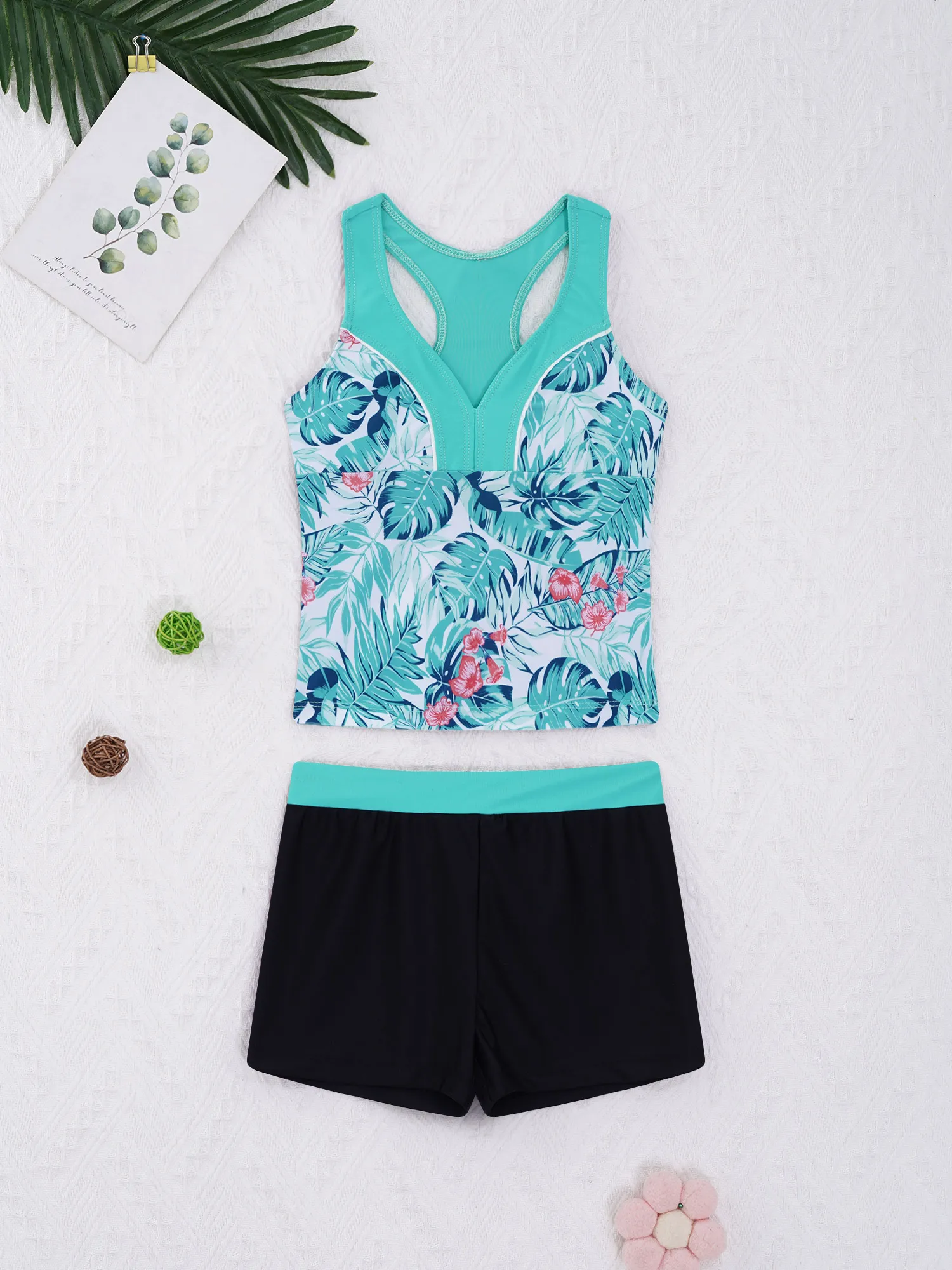 

Kids Girls Swimsuit Swimwear Two Pieces V Neck Sleeveless Racer Back Swimming Tops and Swim Shorts Set Beach Bathing Suit