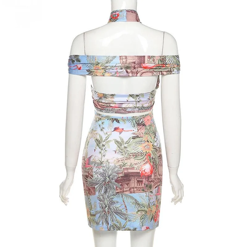 

Aesthetic Halter Mini Dress Women 2021 Sexy Out Of Shoulder Backless Skinny Bodycon Cross Bandage Vacation Partywear Hot Y2K