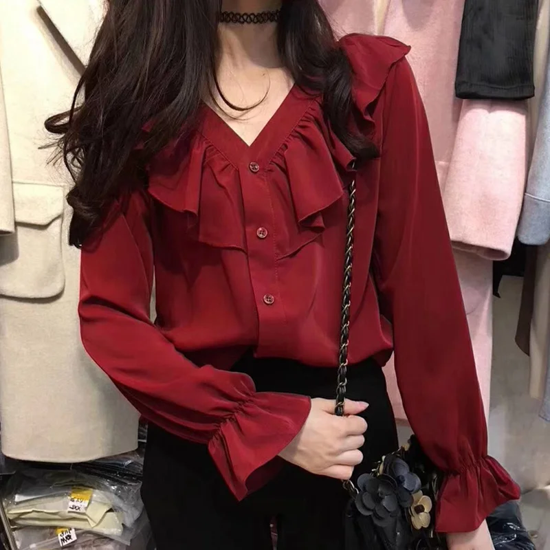 

2021 Spring New Chic Chiffon Top Design French Sweet Shirt Female Retro Hong Kong Style Shirt