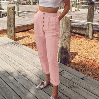 

Women Pants Ladies Solid Color Pocket Buttons Casual All-match Pencil Pants Plus Size S-3XL Spring Summer Straight Slim Trousers
