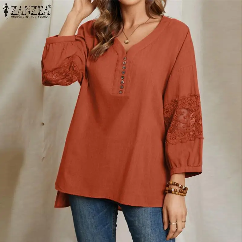 

ZANZEA 2022 Elegant Autumn Femme Casual Work OL Blosue Lady Solid Button Thin Street Blusa Women Long Sleeve Lace Party Chemise