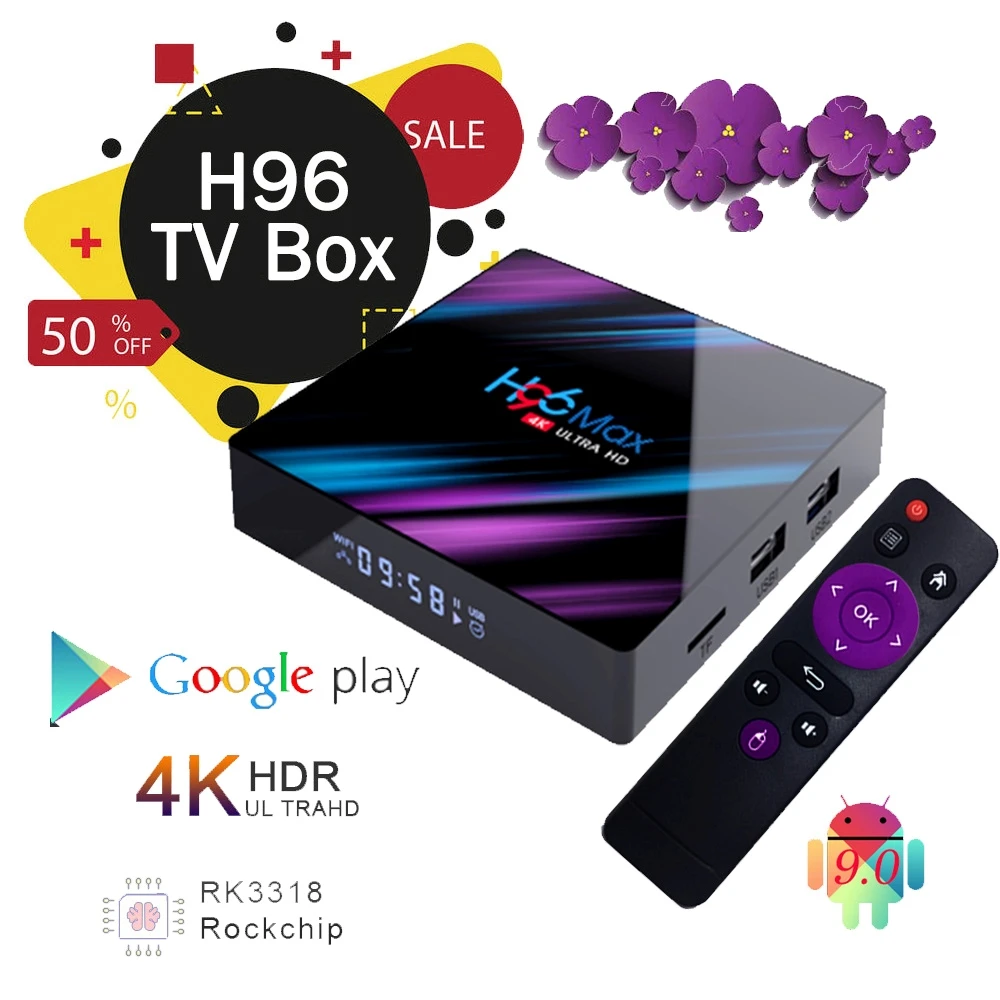 Смарт ТВ бокс H96max Android 9.0 Google Assistant 4K Dual Wifi BT Netflix медиаплеер Play Store бесплатное