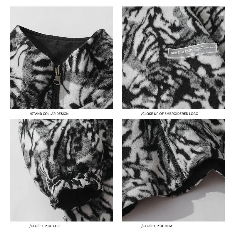 

European&American vintage leopard Plush Stand coat men double-sided varsity jacket fashion Street loose casual Baseball uniform