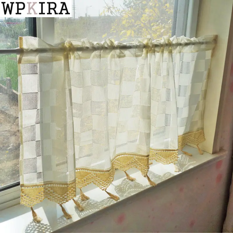 

Lattice Fringed Short Curtain for Small Window Kitchen Sheer Half Drape Lace Bottom Coffee Partition Porch Blinds S183#D