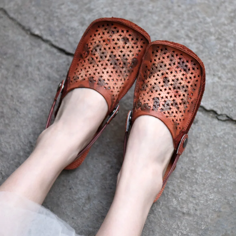 

Artmu Origional Retro Soft Bottom Women's Sandals Flat Sole Genuine Leather Shoes Hollow-out Slippers Handmade Two Ways to Wear