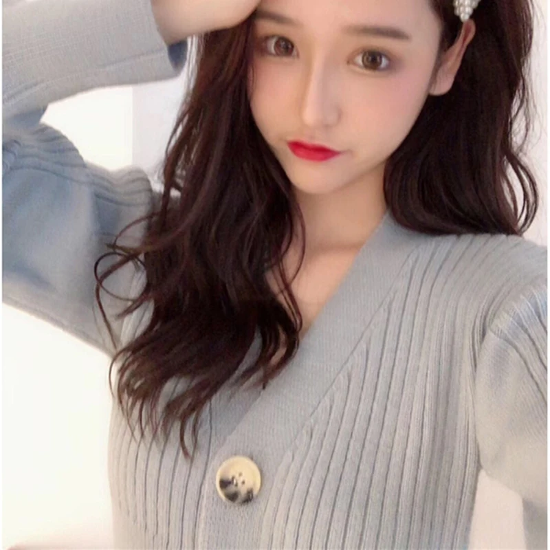 

Women's Bud Knitted Dress Vintage Cardigan With Buttons Ladies V-neck Slim Knit Loose Cusaul Mid-culf Full Sleeve Sweater Autumn
