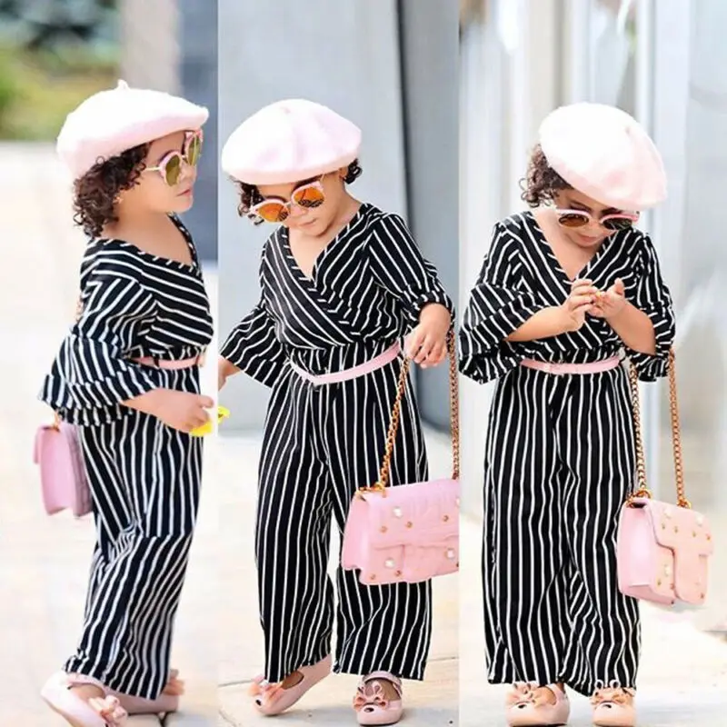 Детский Модный комбинезон в полоску для маленьких девочек длинные штаны осенняя