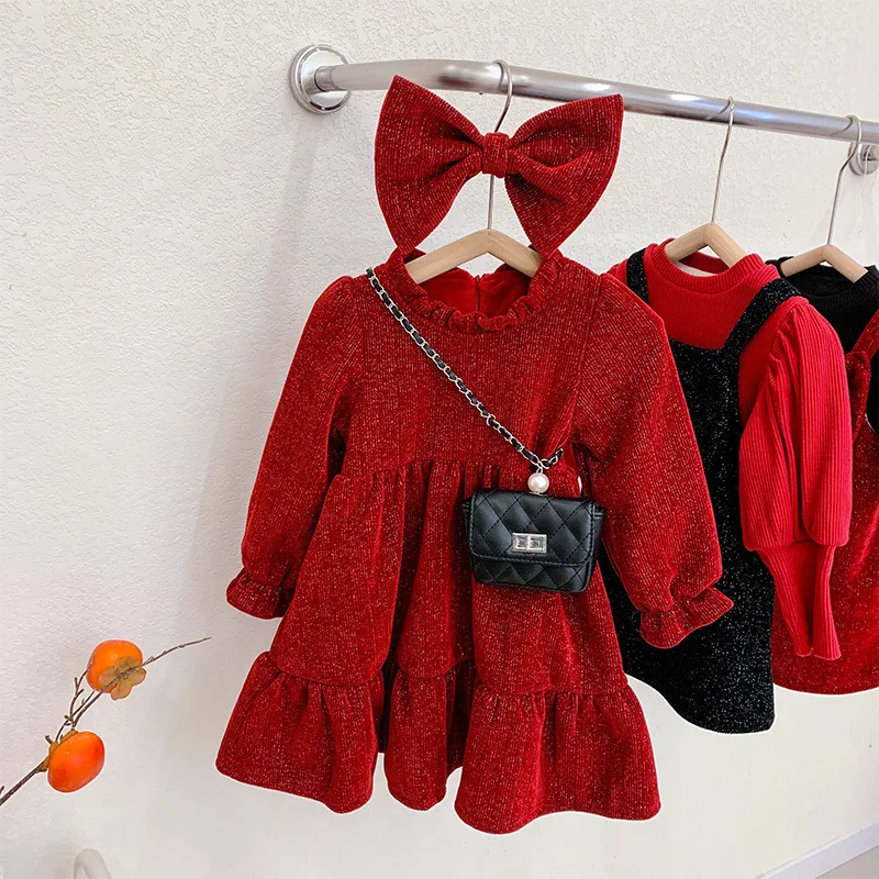 

Новинка 2022, Осеннее и весеннее бархатное утепленное детское красное платье принцессы с бантом