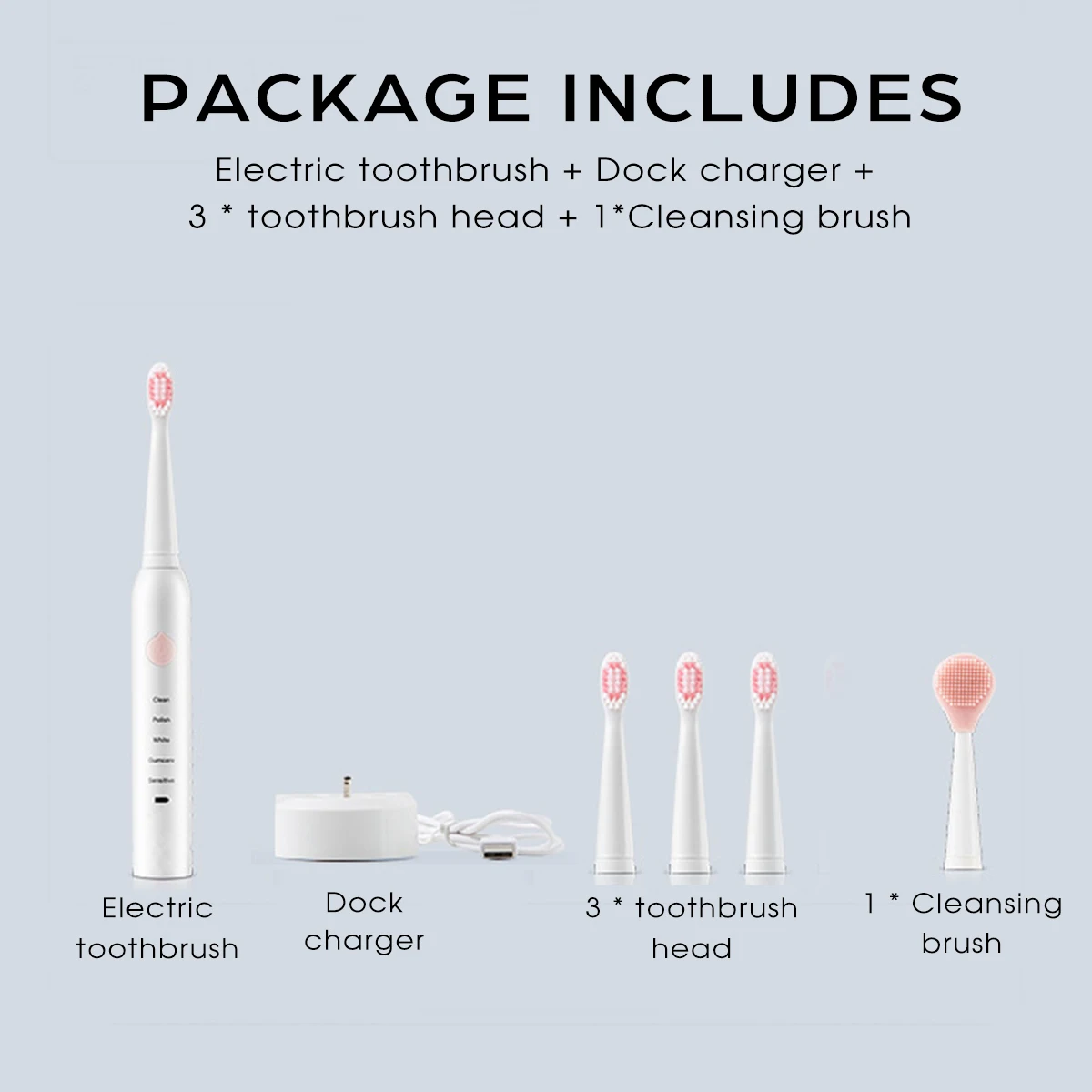 

2 In 1 Ultrasonic Clean Face Electric Toothbrush 5 Mode USB Charging Base Washable Electronic Teeth Brush Replacement Heads Set