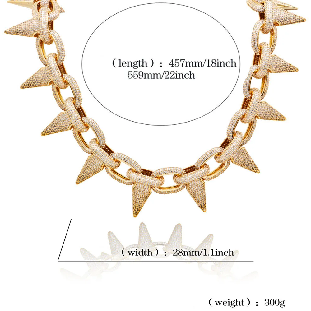 Роскошное ожерелье из циркония AAA с заклепками и шипами мужское золотого