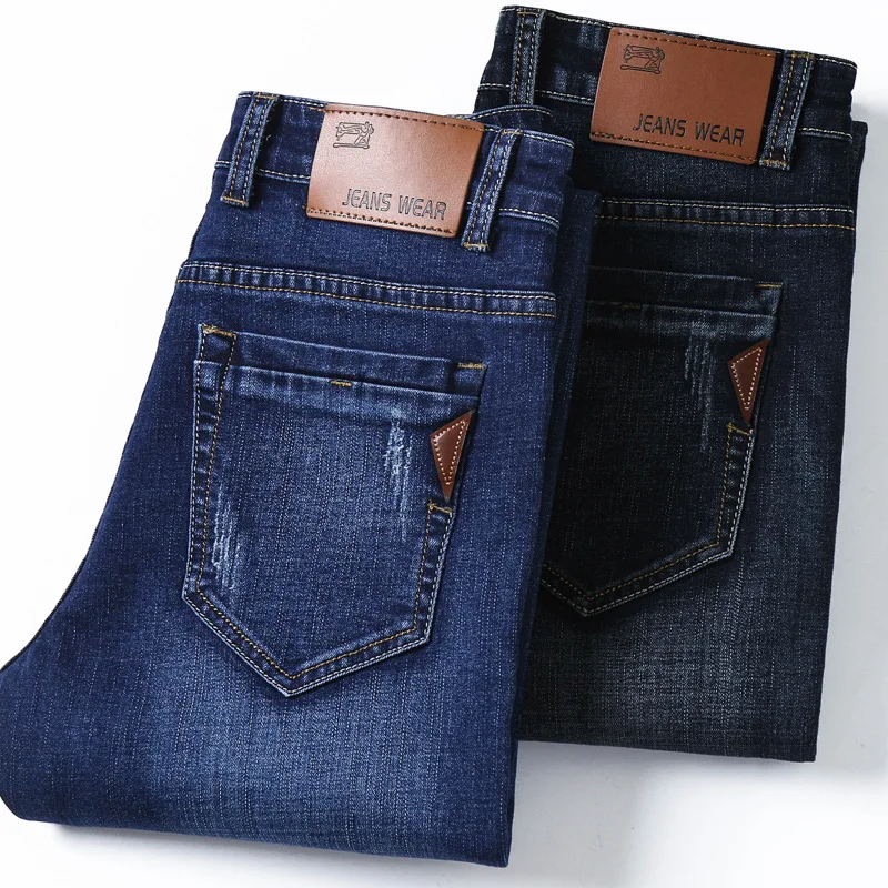 

High Quality Dark Blue Print Ripped Jeans Men Original Brand Jeans Masculino Denim Trousers Men`s Moto Biker Jeans