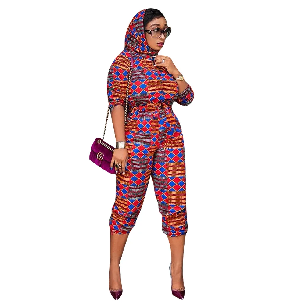 

African clothing new fashion casual printing ethnic totem jumpsuit (with headscarf) trend autumn women's jumpsuit long sleeves