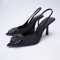 2021 new spring and autumn womens shoes black pointed elegant muller shoes rhinestone square buckle thin heel single shoes