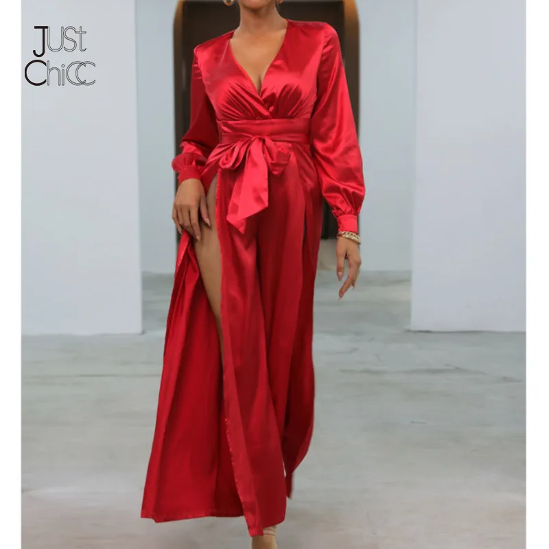 

Justchicc Satin Lace Up Hollow Out Date Jumpsuits Women Lantern Sleeve Soft Overalls Deep V Neck High Split Sexy Party Rompers