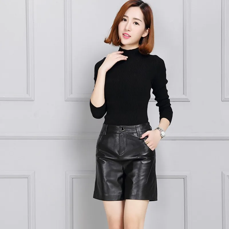 

Autumn New Fashion Women Shorts Genuine Leather High Waist Casual High Street Office Lady Straight Sheepskin Black Trouser Woman