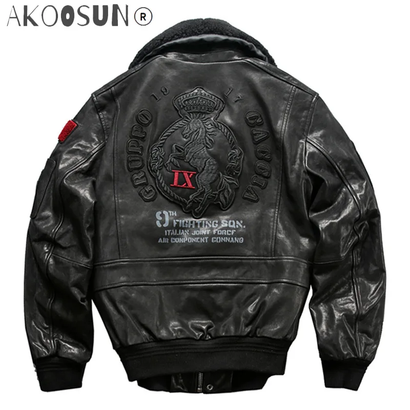 

2021 Men's Genuine Leather Jackets Cowhide Embroidery Motorcycle Jackets Fur Collar Leather Coat for Male