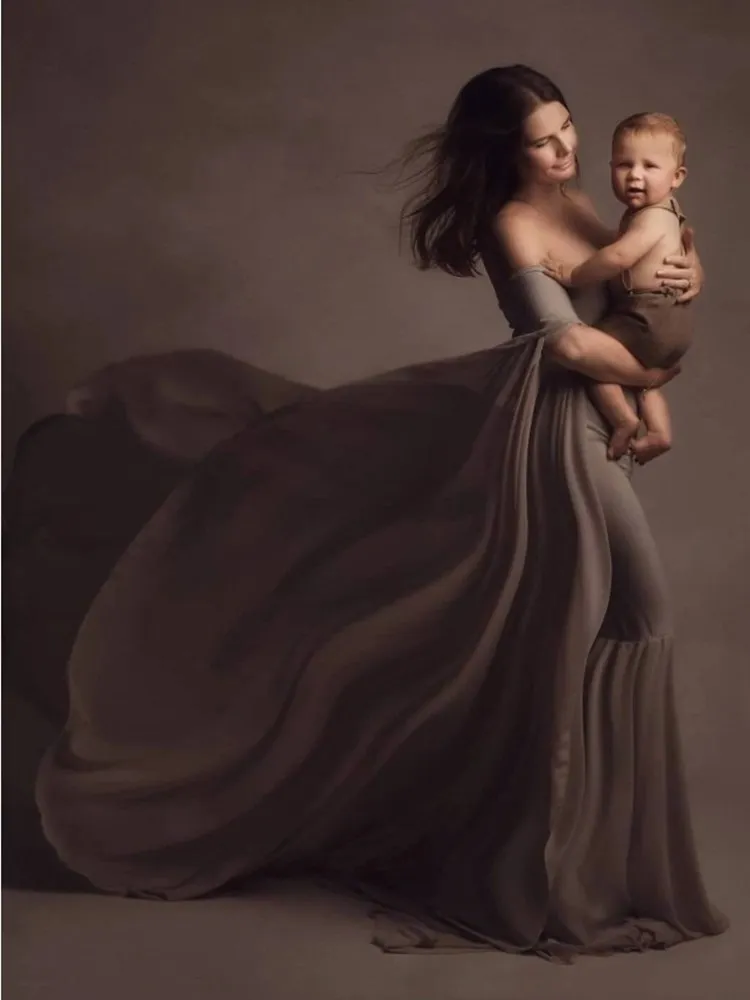 Платье для беременных с длинным рукавом эластичное хлопковое + шифоновое платье