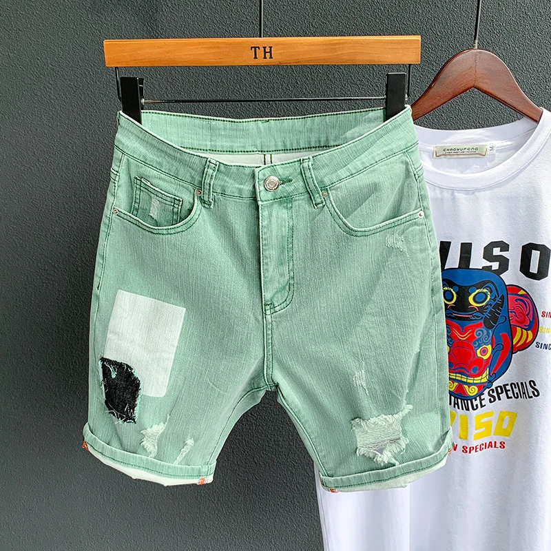

Green denim short Men Short 2020 Summer Cargo jeans short Men Casual Brand Classic Beach Men hole Ripped Shorts Bermuda