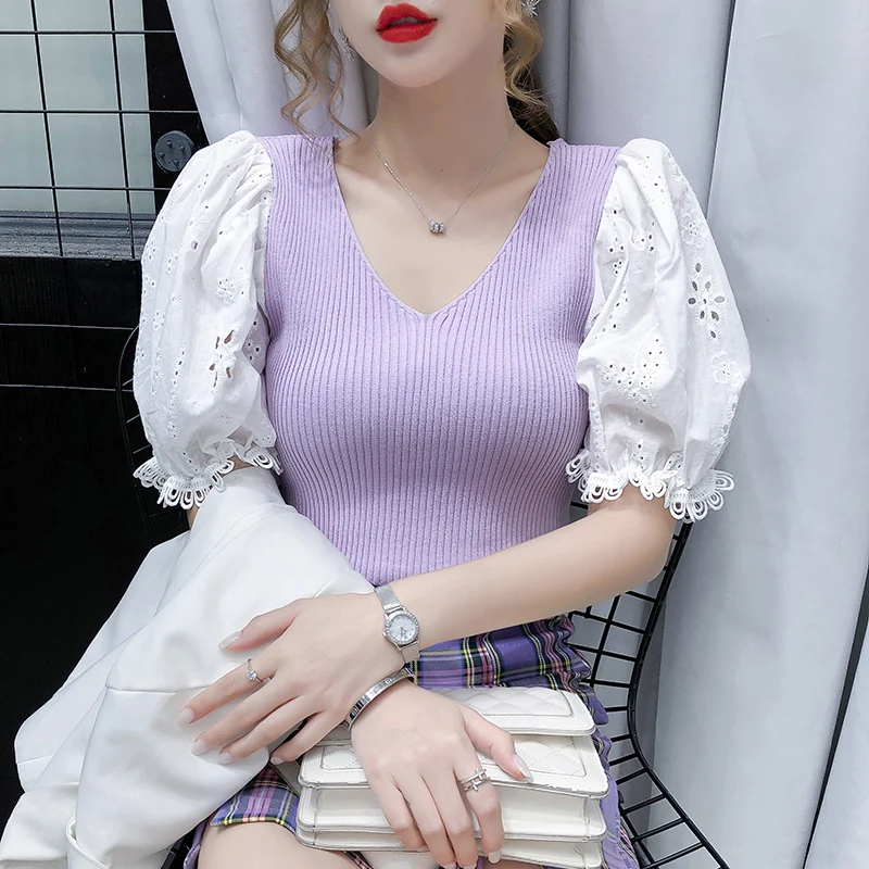

Korean Clothes Vintage V-neck Puff Sleeve Blouses Hollow Out Lace Embroidery Women's Knitted Shirts Patchwork Blouse Top Female