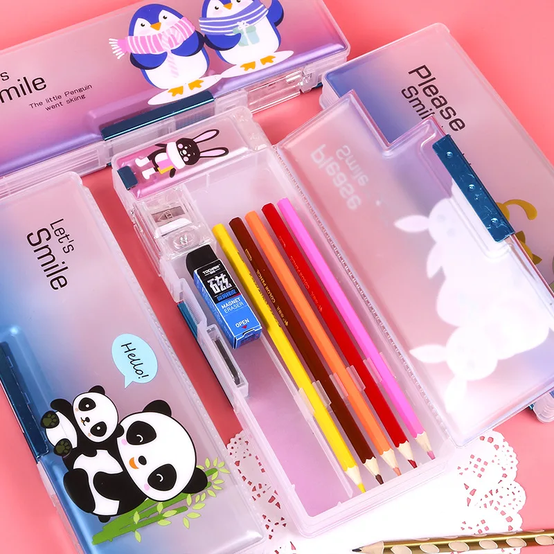 

2022 New Pencil Case Children's Student Cartoon Animal Double Matte Multifunctional Plastic Stationery Box Creative Pencil Case