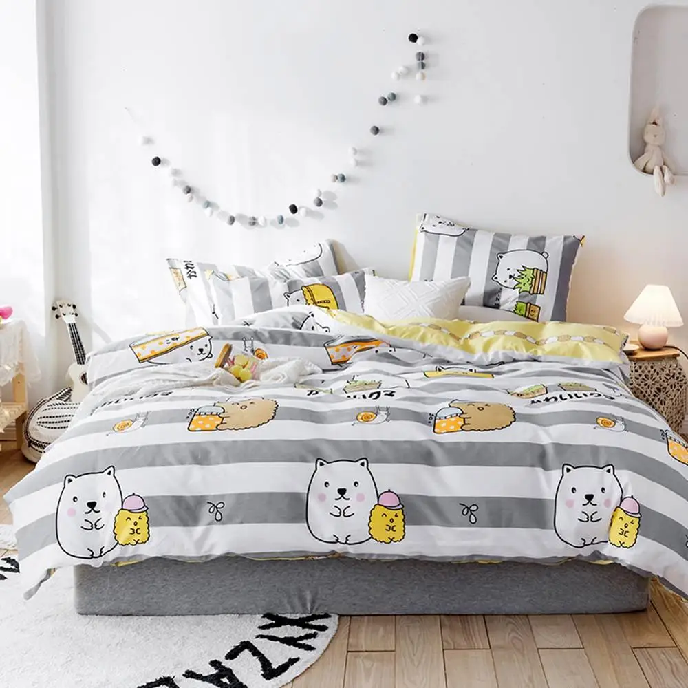 

Комплект постельного белья в полоску с мультяшным японским котом, двуспальный комплект постельного белья из хлопка с простыней и пододеяль...
