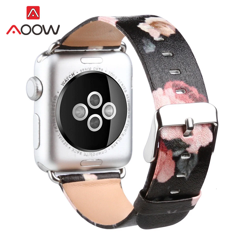 Кожаный ремешок для часов с цветочным принтом для Apple Watch 38 мм 42 мм 44 сменный Браслет в стиле ретро с белой розой для iwatch 12 3 4
