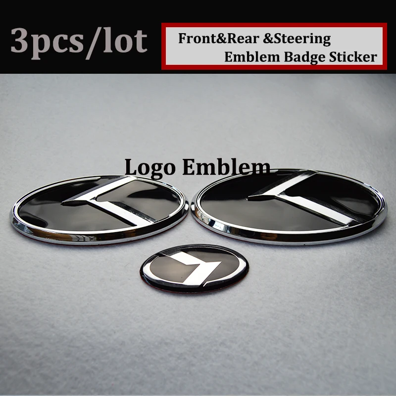 

Black 3Pcs/set 130mm*65mm 110mm*56mm 60mm*31mm Car Logo Emblem Kit Front/rear badge Covers Steering Wheel Decal for K2 K3 K5