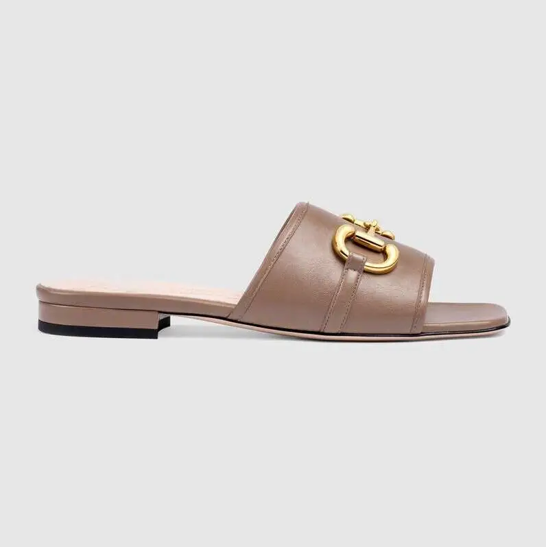 

Top Luxury Deva Women's Leather Slides Sandal Horsebit Gold-toned Outdoor Lady Beach Sandals Casual Slippers Ladies