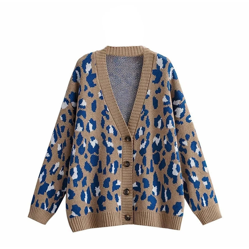 

Women Animal Print Leopard Oversized Sweater Cardigan 2021 Autumn Wide Large Size Knit Jacket Coat Jumper Knitwear Jersey