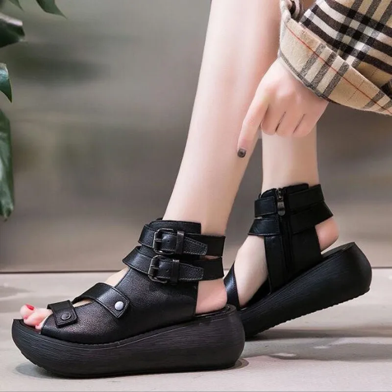 

2021 Mouth High Quality Soft PU Leather And Cowhide Summer Roman Shoes Women Sandals Platform Heighten Shoe Wedges Sandals