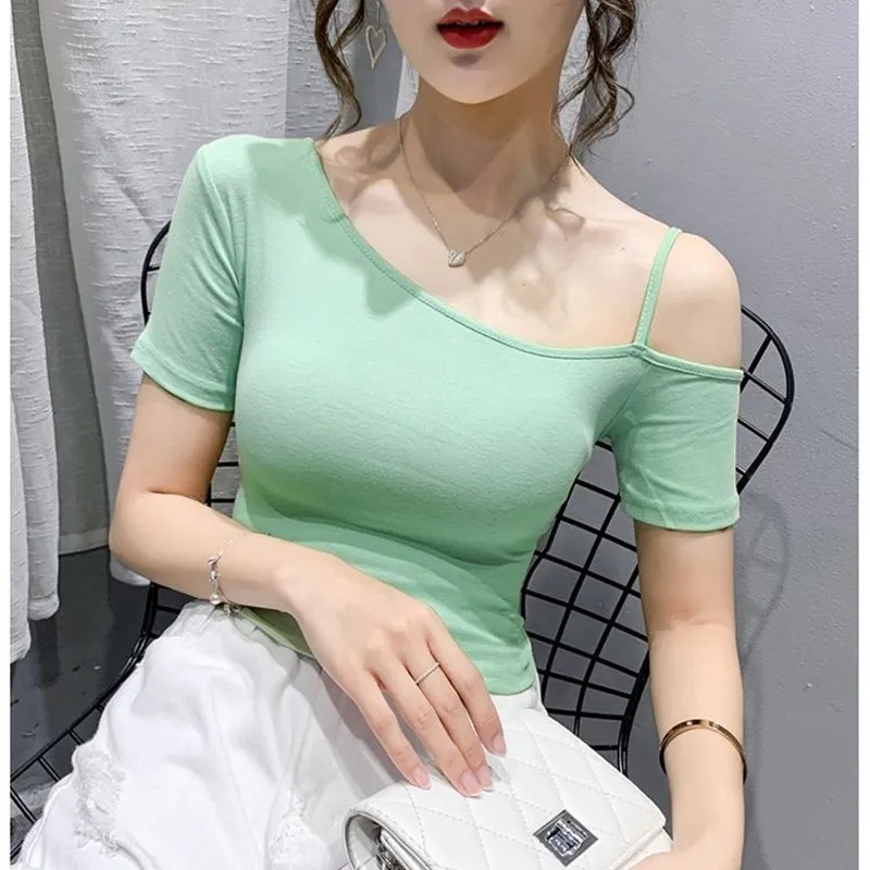 

2020 summer new woman tshirts irregular off-shoulder short-sleeved tops design sense tight-fitting stretch tops sexy slim fashio