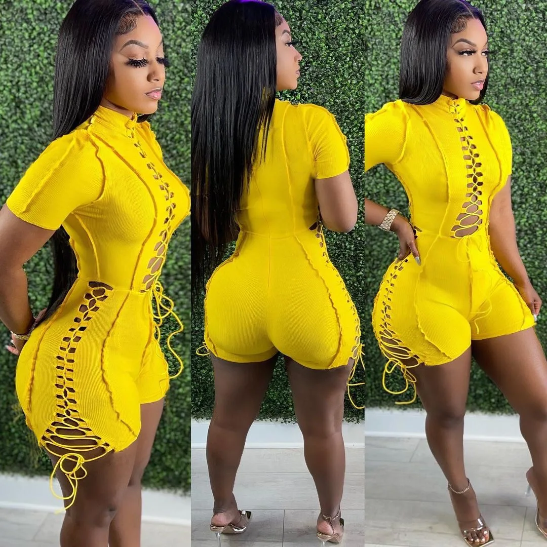 

Fashionable Lace up Party Jumpsuits with Short Sleeves Hollow Out Sexy Skinny Nightclub Sports Short Rompers 2021 Newest