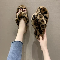 new herringbone leopard print plus velvet to keep warm plush fashion outdoor wear indoor flat bottomed non slip slippers women