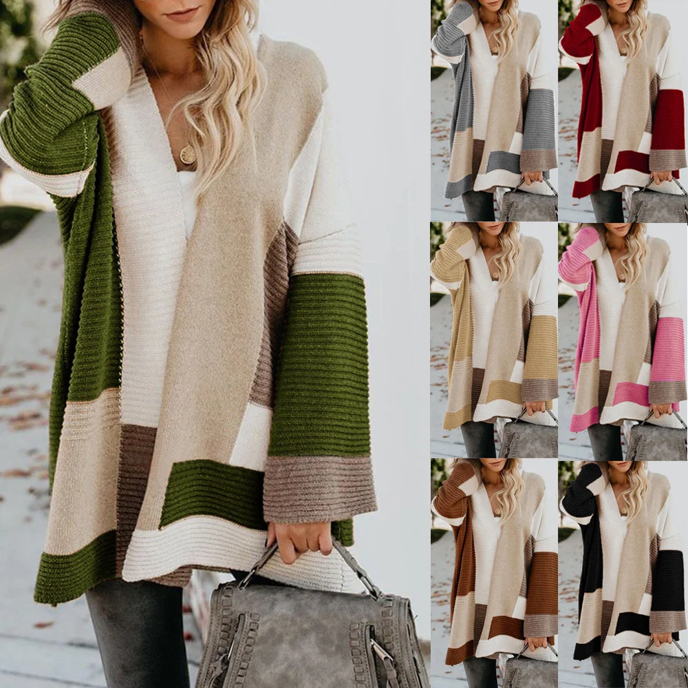 

2021 autumn winter New sweater women Europe and USA large size loose geometric patchwork color sweater cardigan