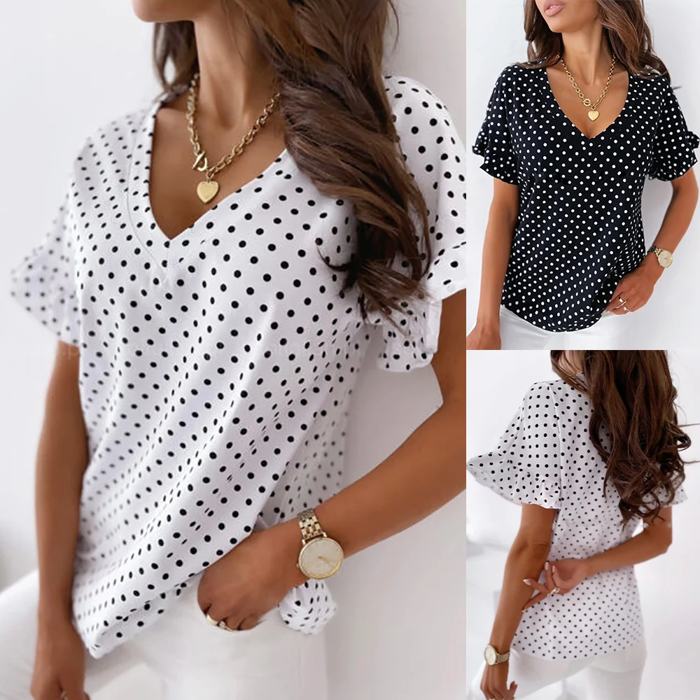

Polka Dot Printed Women T-Shirt Tops For Summer Black White Ruffle Short Sleeve Office Work Wear Female T-Shirt Tshirt D30