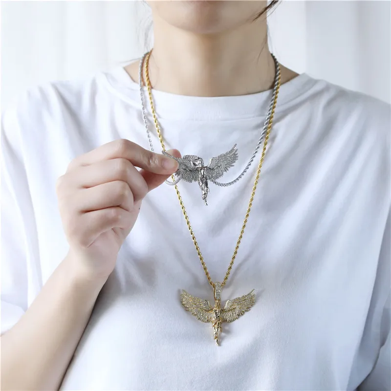 

Hip Hop Iced Out Cubic Zirconia Stones Angel Wings Necklaces Pendants Charm Tennis Chain Jewelry With Solid Back Birthday Gifts