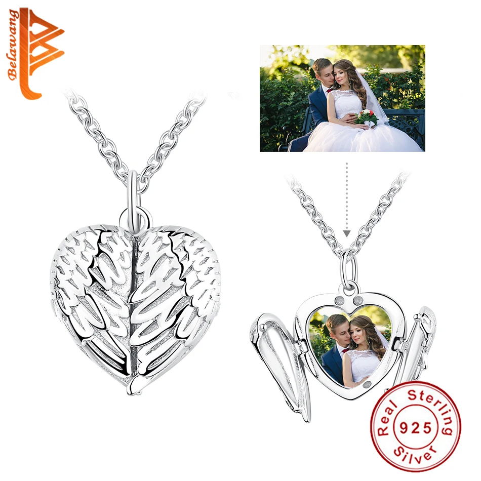 BELAWANG Wholesale Customize Photo Heart Necklace 925 Sterling Silver Angel Wings Pendant Necklace for Women Trendy Jewelry