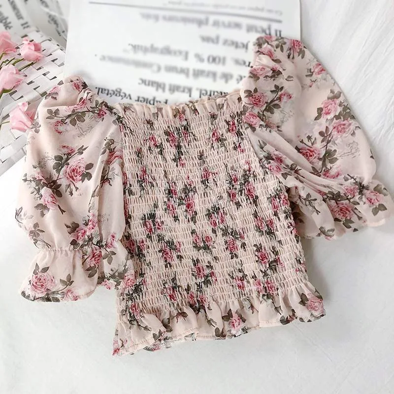 

Women Sexy Slash Neck Straight Collar Short Top Summer Casual Short Sleeve Shirt Floral Print Pleated Chiffon Shirt New T1