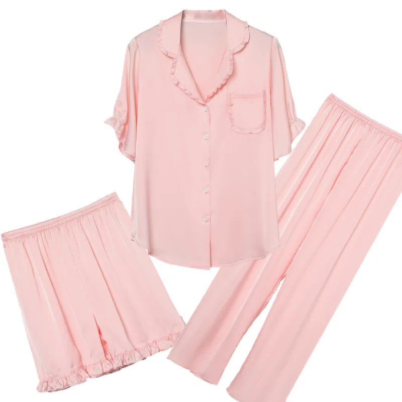 

Sweet Floral Trim 3PCS Women Pajamas Sets Sexy Turn-Down Couple Loose Pyjamas Suit Sleepwear Nightwear Summer Bride Home Wear