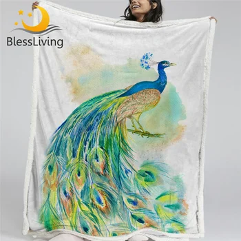 BlessLiving Colorful Peacock Bed Blanket Turquoise Bird Sherpa Fleece Blanket Watercolor Feathers Plush Blanket Ethnic Bedspread 1