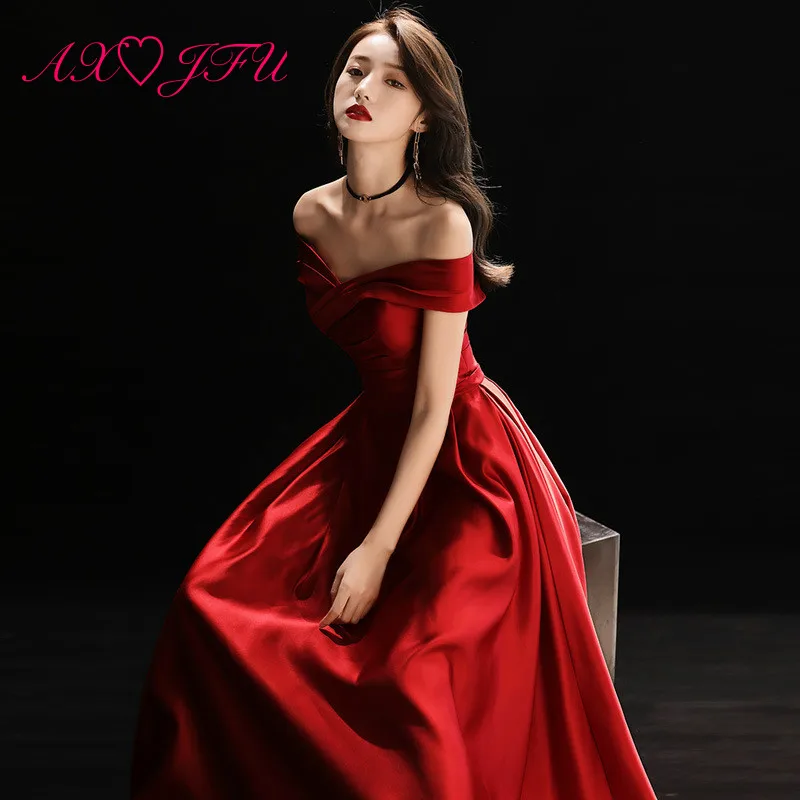 

AXJFU luxury princess wine red satin bride evening dress vintage boat neck sexy wine red long evening dress