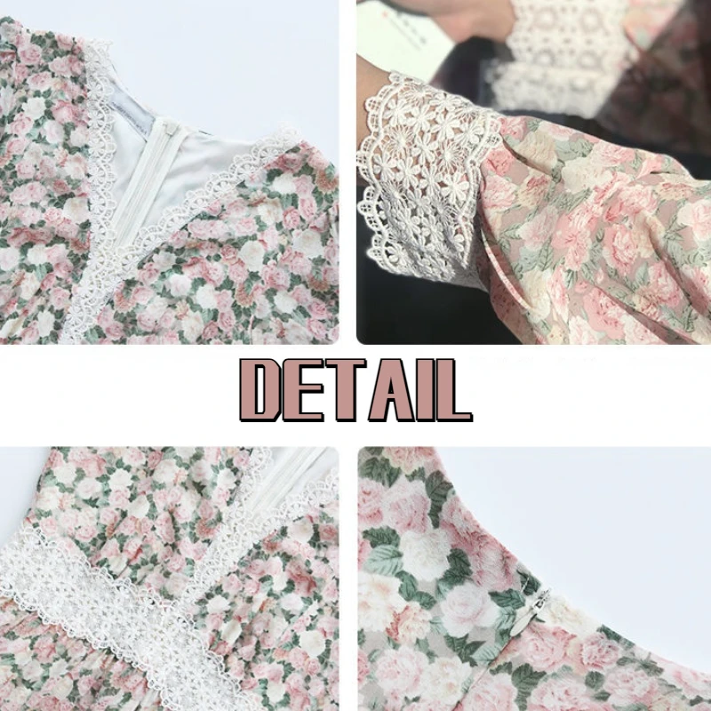 

Dress Women Spring Floral Elegant Fashion Mid-calf Long Sleeve V-neck Temperament Korean Style Baggy Cozy Feminine Vestido New