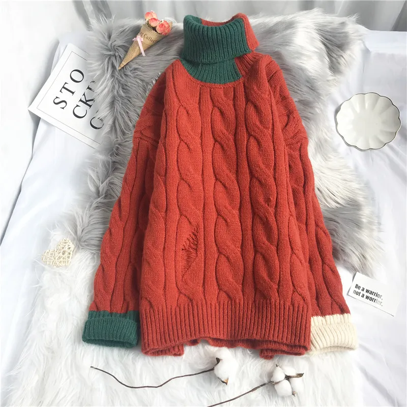 

EBAIHUI Woman Sweaters Solid Twist Pullover Contrast Color Turtleneck Thicken Batwing Sleeve Lazy Style Leisure Baggy Knitwear