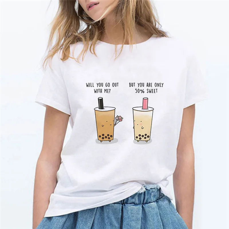 

Spring Summer Loose Casual Short Sleeve Tshirt Cute Tee Tea With Milk Cartoon T-shirt Women Summer Hipster Punk O-neck Tops