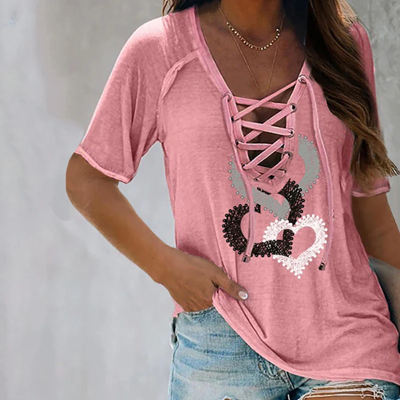 

2021New Women Fashion Casual V Neck T shirts Tee Tops Tee-Shirt Lace-up Print Short Sleeve Loose Fit Casual T-shirt